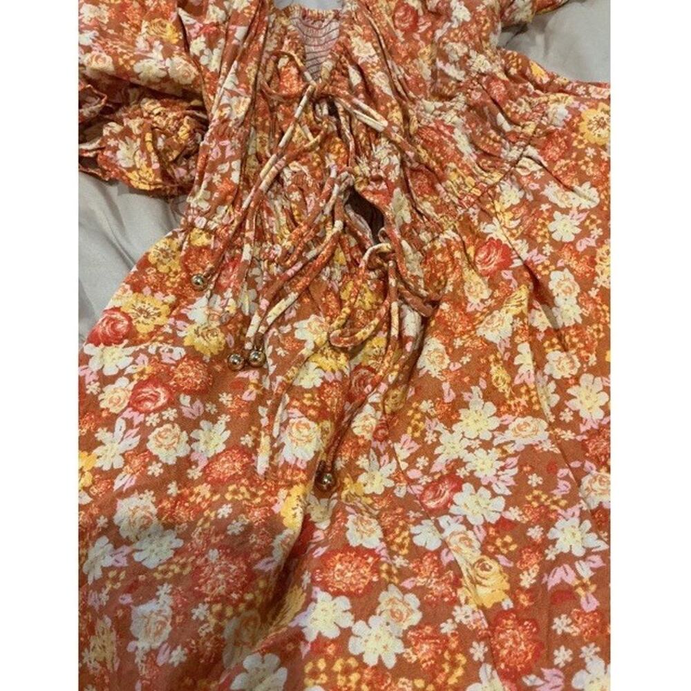 Free People $148 Show Me Love Orange Floral Puff Sleeve Romper Front Ties XL - Picture 4 of 5